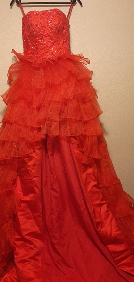 Red Organza Asymmetrical Formal Dress - Picture 4 of 7